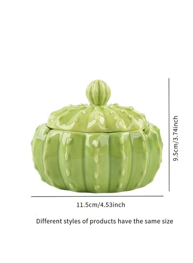 Green Cactus Ceramic Ashtray With Lid Smoke Proof Durable Desktop Decorative Home Office - Image 2